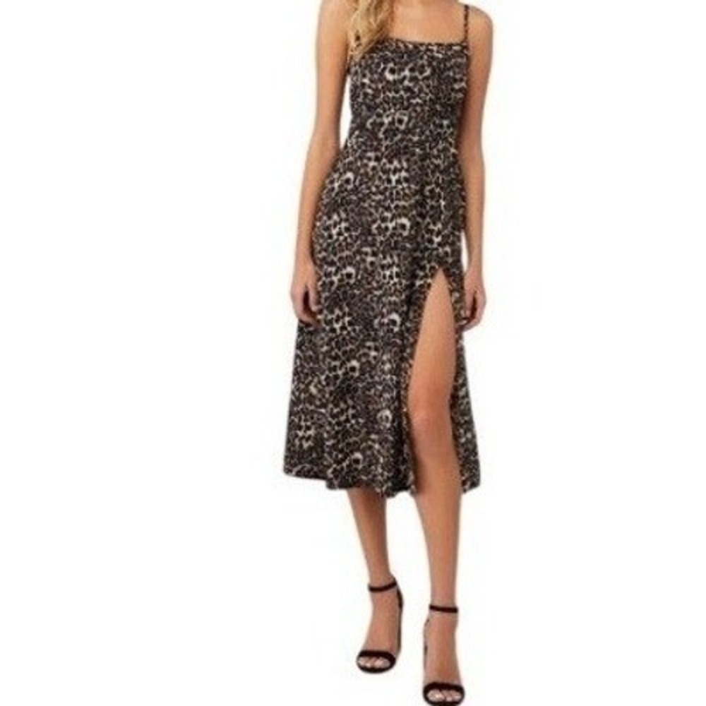 Flynn Skye Leopard Print Midi Dress Womens Small Brown Black Square Neck Slit